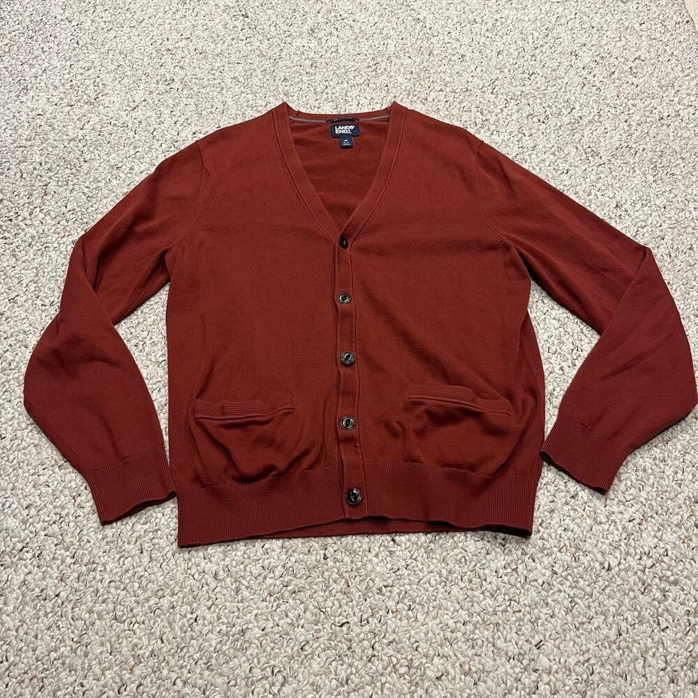 Lands End Mens Cotton Cardigan Sweater M Rust Red Preppy Old Money Grandpa
